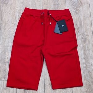 $750 Mens Balmain Cotton Flocked Logo Sweat Shorts Red Small